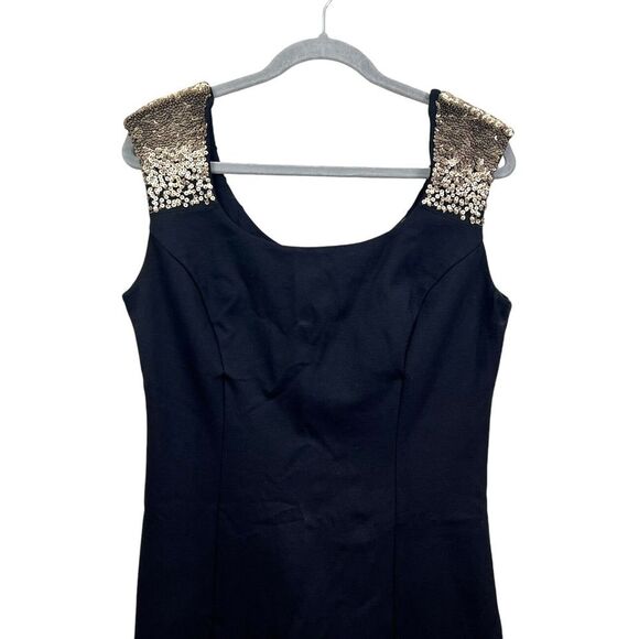 Guess Womens Mini Dress Gold Sequin Shoulders Stretch Back Zip Black Sz L - Picture 2 of 6